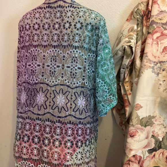 Beautiful Multi Color Lace Over Lay Purple Teal with Fringe Trim at the Bottom - Picture 9 of 11